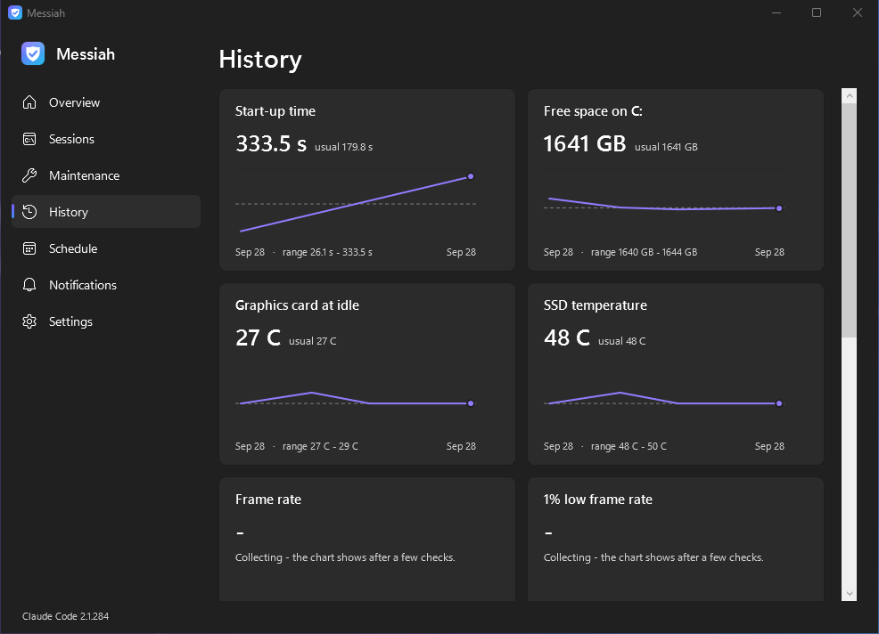 The app's History page with charts of start-up time, free space and temperatures