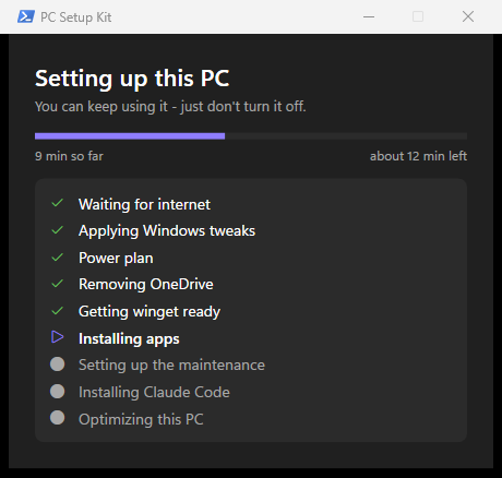 The Setting up this PC window with the steps, a progress bar and the time left